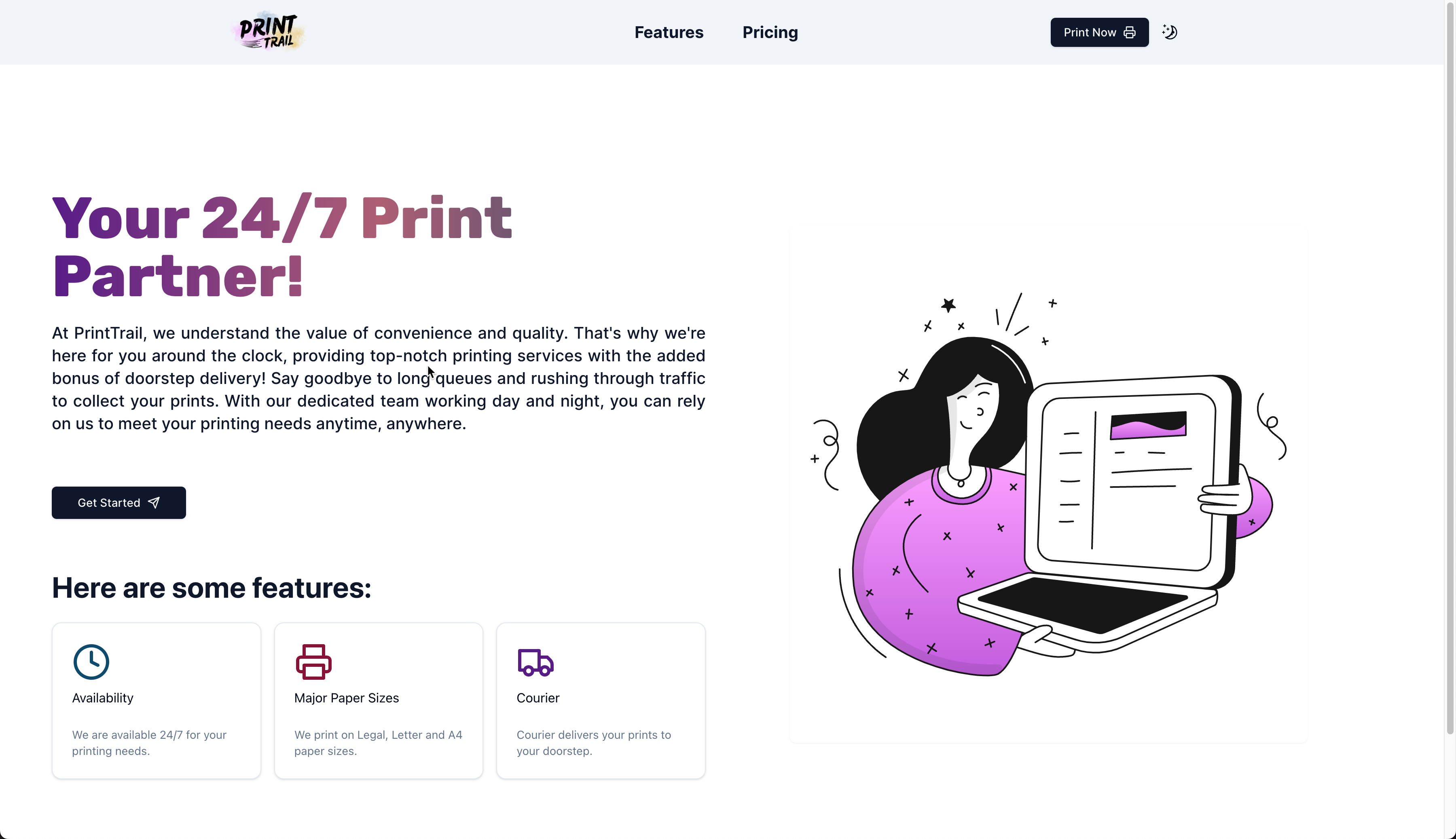 A landing page for PrintTrail - a print-on-demand service